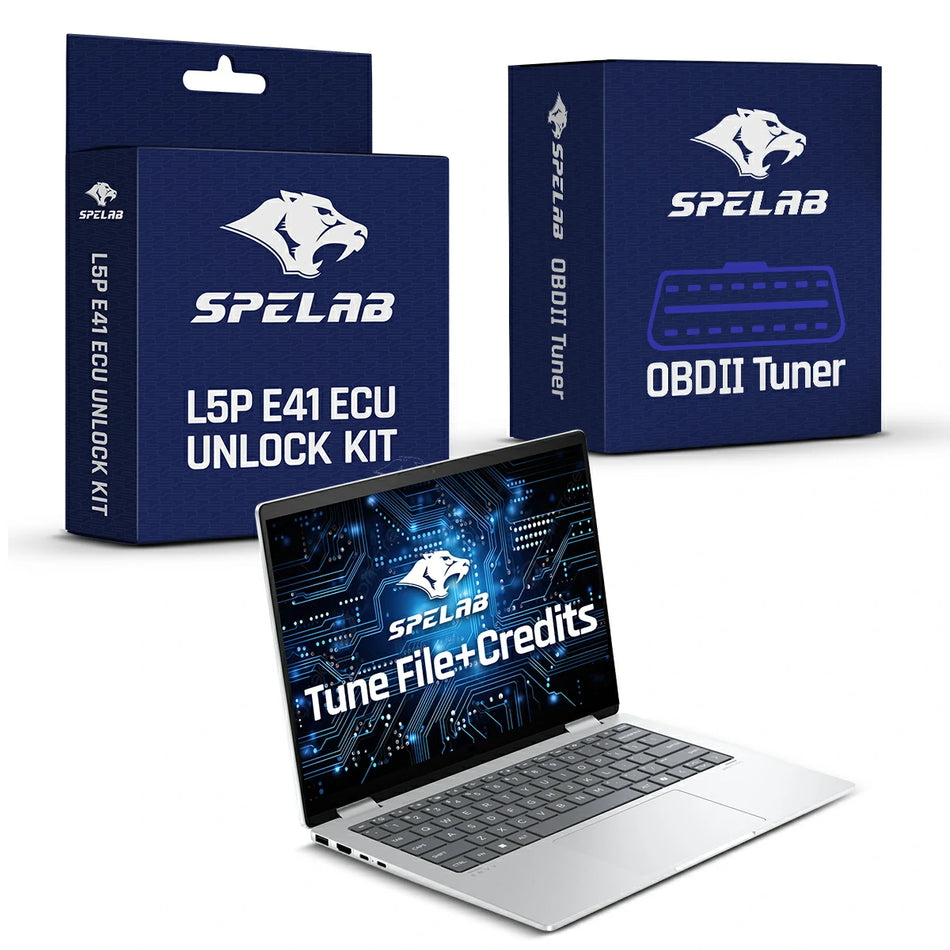 SPELAB L5P E41 ECU unlock tuner and OBDII tuning module set with a silver laptop holding a Duramax L5P tune file and credits for 2017-2026 GM 6.6L Duramax L5P