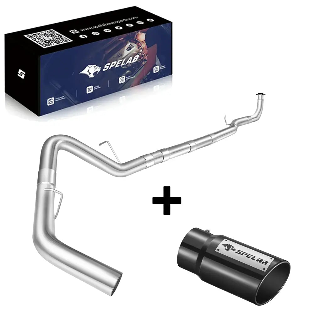 Polished stainless downpipe-back exhaust for 2017-2025 L5P 6.6L Duramax bundled with a black SPELAB exhaust tip, the pipe wearing a band clamp and wire hangers beside a SPELAB kit box.