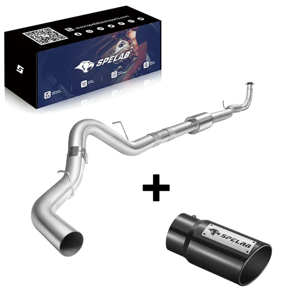 Polished stainless downpipe-back exhaust with an inline cylindrical muffler for 2017-2025 L5P 6.6L Duramax, bundled with a black SPELAB exhaust tip and a SPELAB kit box.