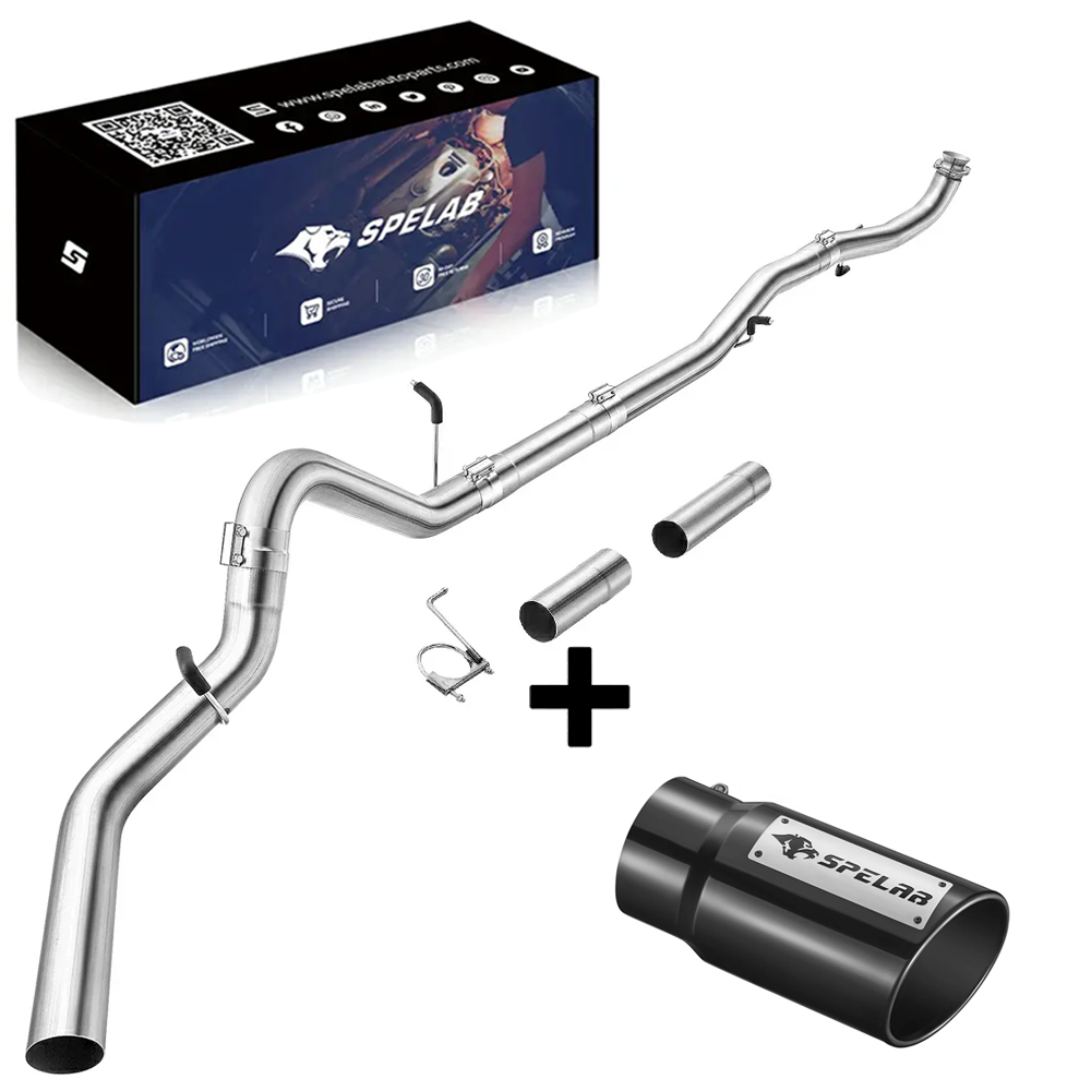 Stainless downpipe-back pipe for 2017-2025 L5P 6.6L Duramax with a band clamp at the over-axle bend, a hanger bracket clamp, and two straight extension sleeves, paired with a black SPELAB exhaust tip and box.