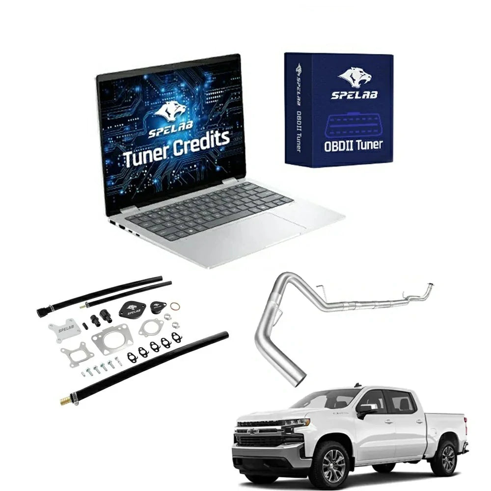 2017-2025 Chevy GMC 2500HD 3500HD 6.6L Duramax L5P delete kit with mandrel-bent stainless DPF delete pipe and spring hangers, EGR block-off plates, black billet caps, braided banjo lines and SPELAB OBDII tuner credits