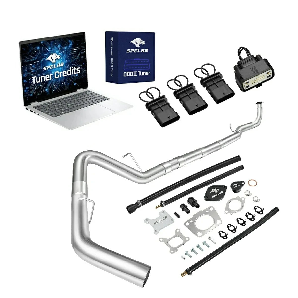 2017-2025 Chevy GMC 2500HD 3500HD 6.6L Duramax L5P delete kit with stainless DPF delete pipe, a black bypass plug set of three looped sensor connectors plus one large harness adapter, EGR block-off kit, braided lines and OBDII tune credits
