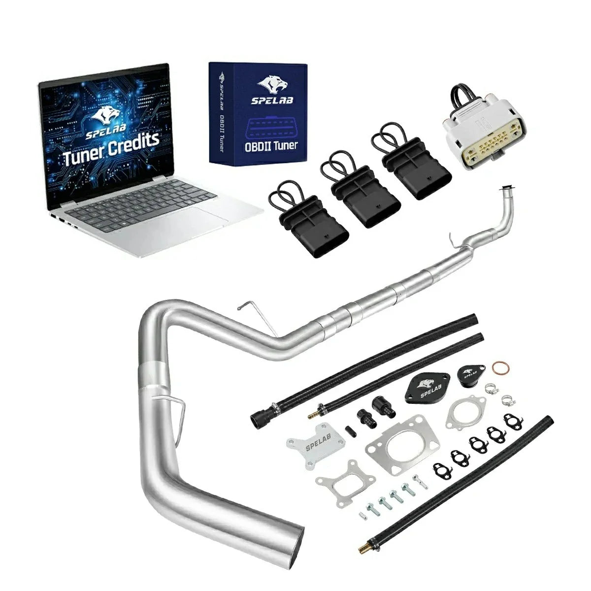 2017-2025 Chevy GMC 2500HD 3500HD 6.6L Duramax L5P delete kit with DPF delete exhaust pipe, three black looped sensor plugs and a light-gray harness bypass connector, EGR block-off plates, braided banjo lines and an OBDII tuner credit package