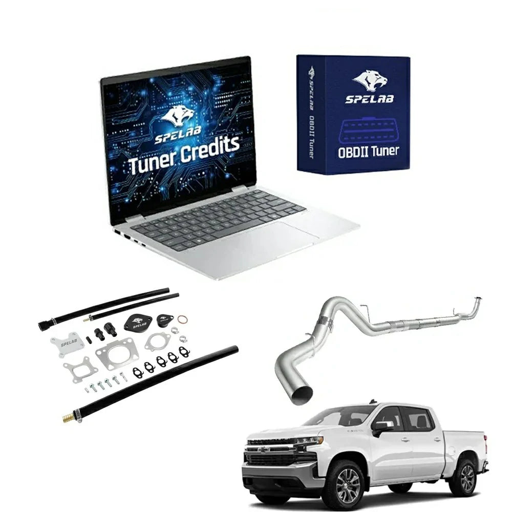 2017-2025 Chevy GMC 2500HD 3500HD 6.6L Duramax L5P delete kit with S-curved polished stainless DPF delete pipe and slip-fit clamp joints, EGR block-off plates, black billet caps, braided lines and SPELAB OBDII tuner credits