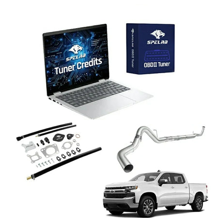 2017-2025 Chevy GMC 2500HD 3500HD 6.6L Duramax L5P delete kit with S-curved polished stainless DPF delete pipe and slip-fit clamp joints, EGR block-off plates, black billet caps, braided lines and SPELAB OBDII tuner credits