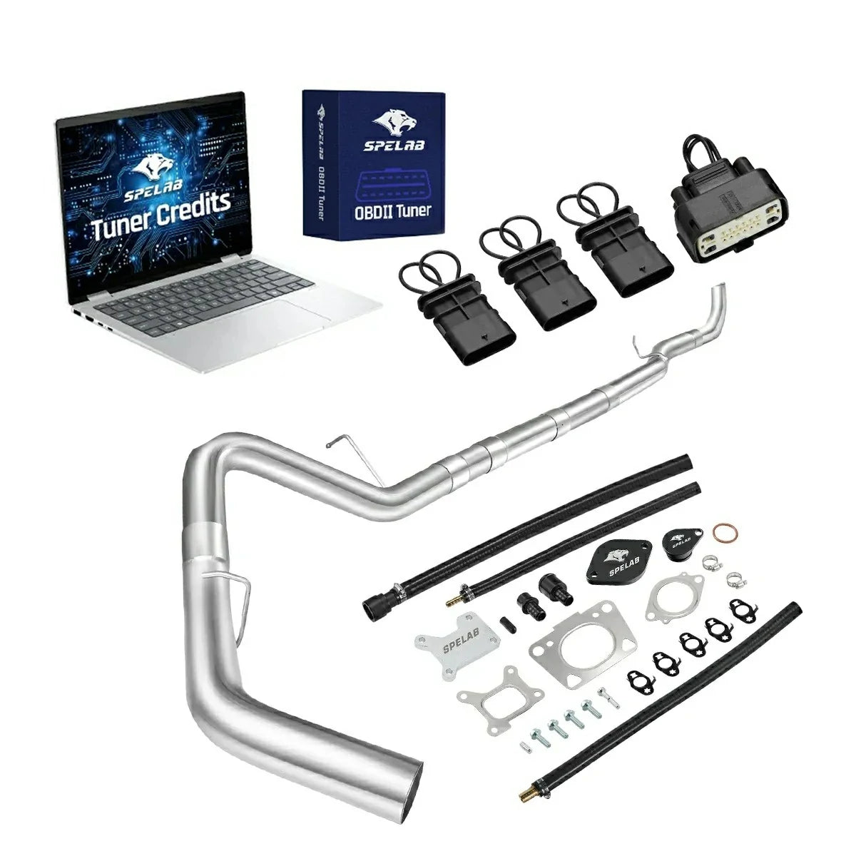 2017-2025 Chevy GMC 2500HD 3500HD 6.6L Duramax L5P delete kit with polished S-bend DPF delete mid-pipe, full black bypass connectors of three looped sensor plugs and one large harness adapter, EGR delete plate hardware, braided lines and OBDII tuner