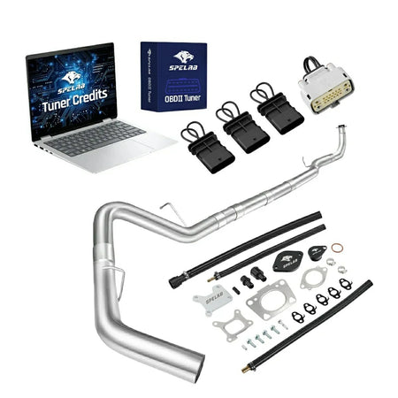 2017-2025 Chevy GMC 2500HD 3500HD 6.6L Duramax L5P delete kit with S-bend stainless DPF delete exhaust pipe, a light-gray harness bypass connector, three black looped sensor plugs, EGR block-off kit, braided banjo lines and OBDII tuner credits