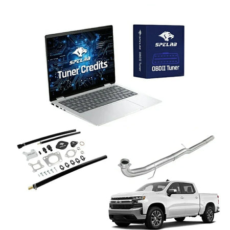 2017-2025 Chevy GMC 2500HD 3500HD 6.6L Duramax L5P delete kit with big-bore DPF delete mid-pipe and flanged connection, EGR block-off plates with black billet caps, gaskets, spring clamps, braided banjo lines and OBDII tuner credits