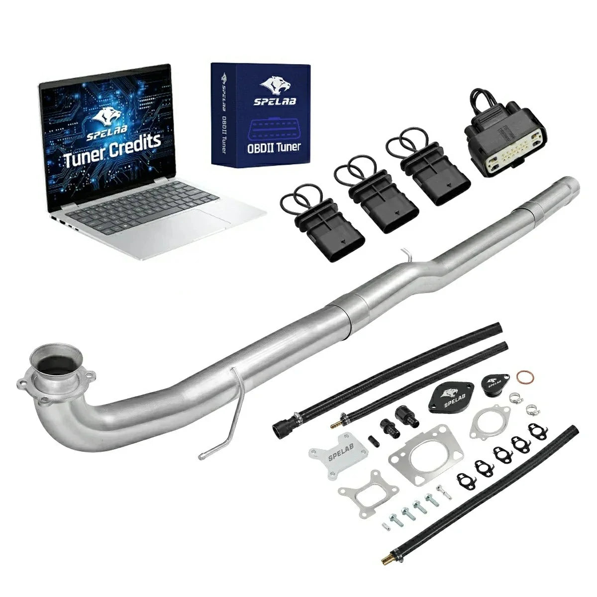 2017-2025 Chevy GMC 2500HD 3500HD 6.6L Duramax L5P delete kit with large-bore DPF delete exhaust pipe and bolt-on flanged inlet, a black harness bypass connector, three looped sensor plugs, EGR delete plates, braided lines and SPELAB OBDII tuner