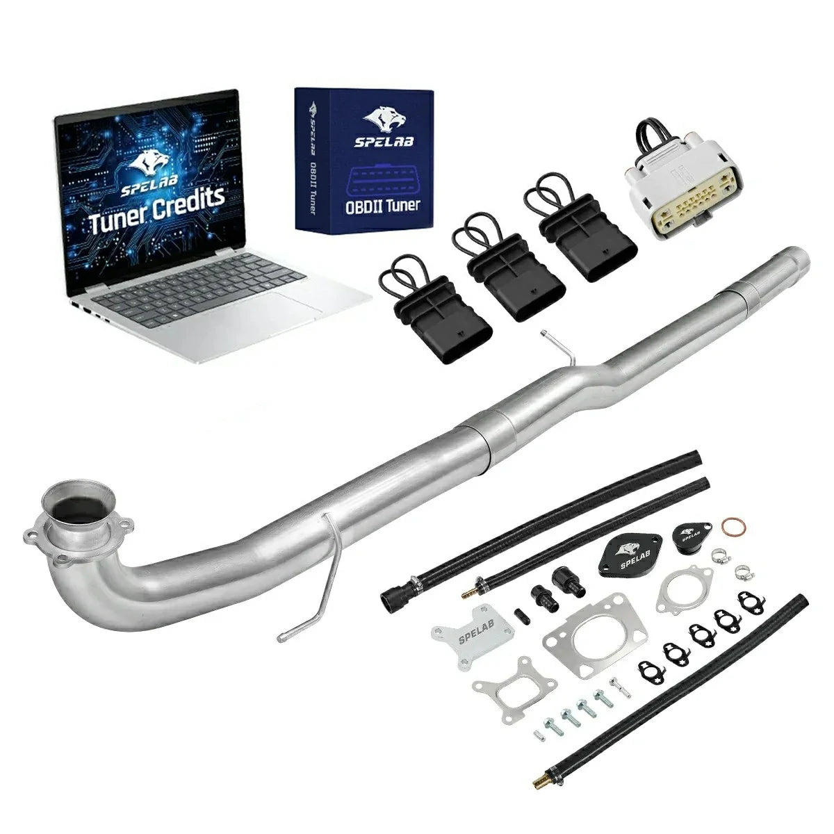 2017-2025 Chevy GMC 2500HD 3500HD 6.6L Duramax L5P delete kit with straight big-bore DPF delete pipe and flanged inlet, a light-gray harness bypass connector, three black looped sensor plugs, EGR block-off kit, braided banjo lines and OBDII tune credits
