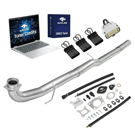2017-2025 Chevy GMC 2500HD 3500HD 6.6L Duramax L5P delete kit with straight big-bore DPF delete pipe and flanged inlet, a light-gray harness bypass connector, three black looped sensor plugs, EGR block-off kit, braided banjo lines and OBDII tune credits