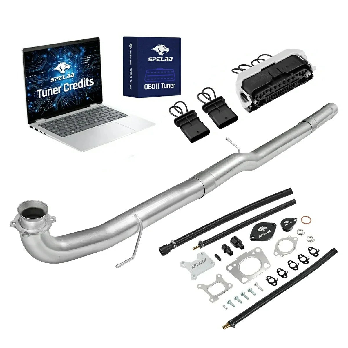 2017-2025 Chevy GMC 2500HD 3500HD 6.6L Duramax L5P delete kit with flanged-inlet large-bore DPF delete pipe, an open-frame gray harness bypass unit, two looped black sensor plugs, EGR block-off plates, braided lines and SPELAB OBDII tuner