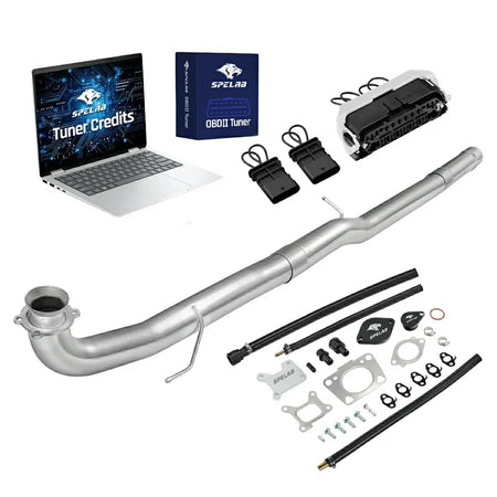 2017-2025 Chevy GMC 2500HD 3500HD 6.6L Duramax L5P delete kit with flanged-inlet large-bore DPF delete pipe, an open-frame gray harness bypass unit, two looped black sensor plugs, EGR block-off plates, braided lines and SPELAB OBDII tuner