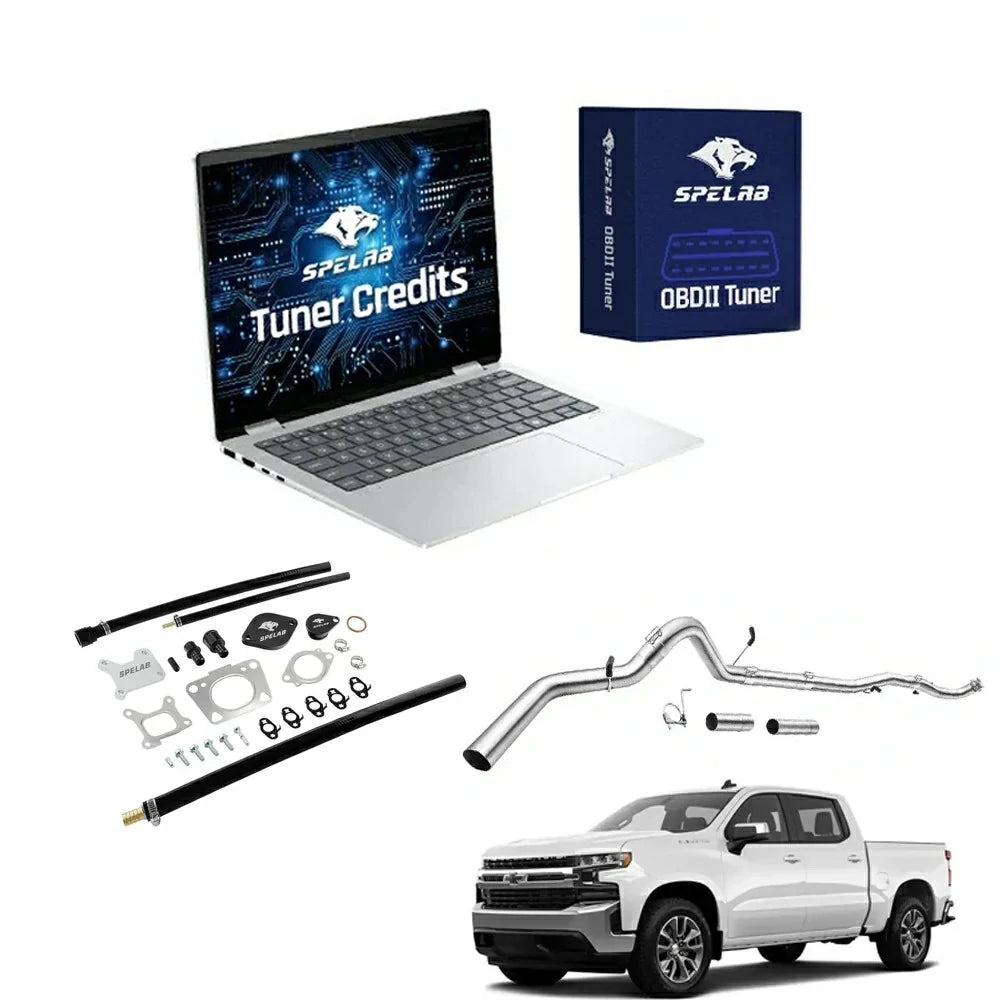 2017-2025 Chevy GMC 2500HD 3500HD 6.6L Duramax L5P delete kit with multi-piece four-inch stainless DPF delete exhaust system, two slip-in spool couplers, band clamps, spring hangers, EGR block-off plates, braided lines and OBDII tuner credits