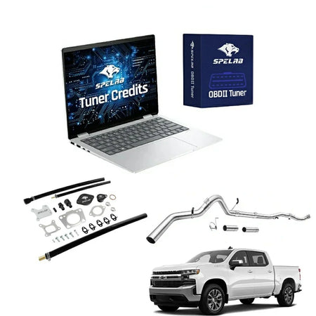 2017-2025 Chevy GMC 2500HD 3500HD 6.6L Duramax L5P delete kit with multi-piece four-inch stainless DPF delete exhaust system, two slip-in spool couplers, band clamps, spring hangers, EGR block-off plates, braided lines and OBDII tuner credits