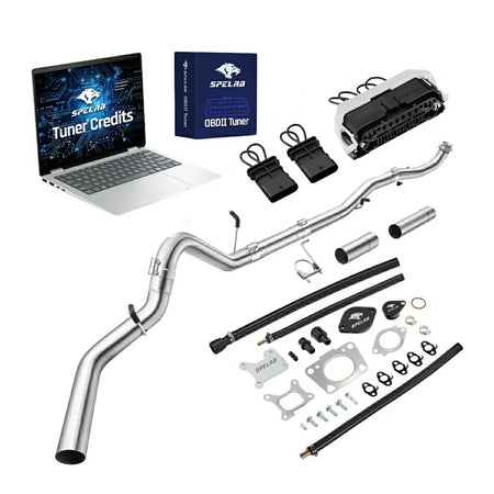 2017-2025 Chevy GMC 2500HD 3500HD 6.6L Duramax L5P delete kit with segmented four-inch DPF delete pipe set and two spool couplers, a gray open-frame harness bypass connector, two looped sensor plugs, EGR delete plates, braided lines and an OBDII tuner
