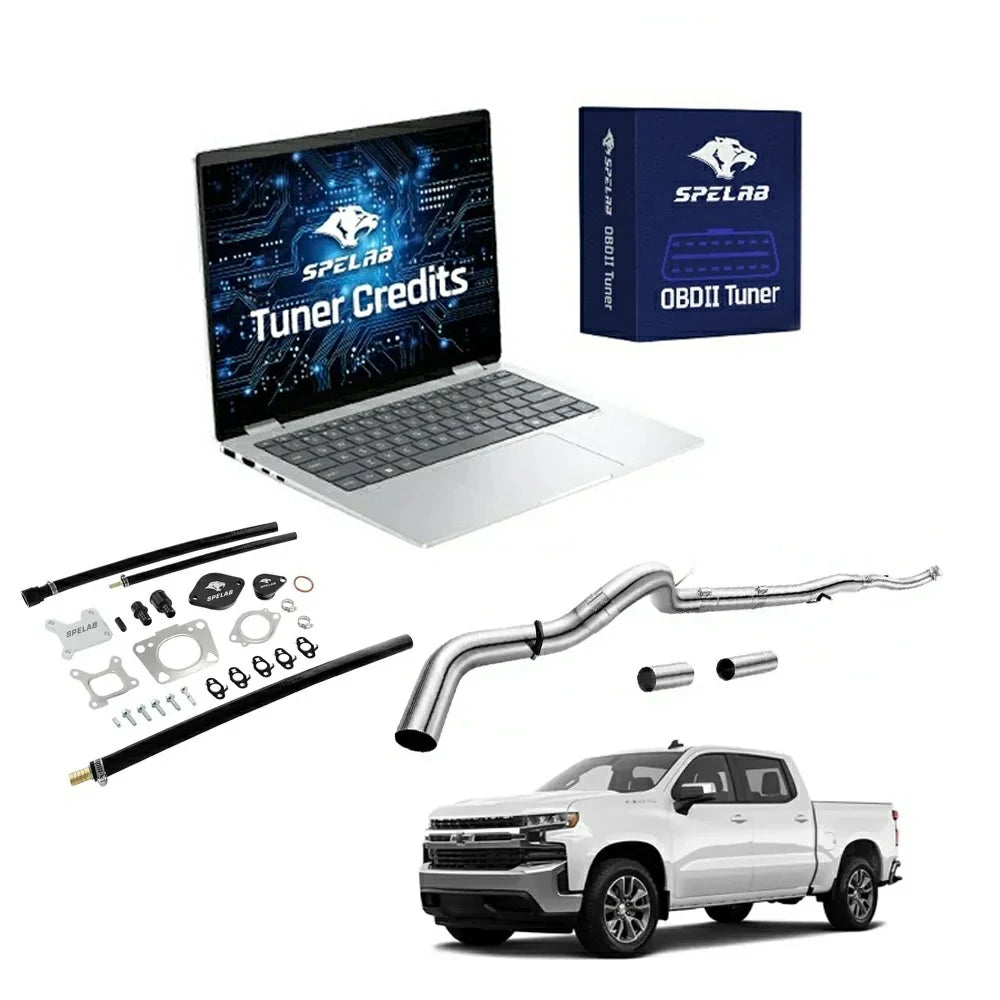 2017-2025 Chevy GMC 2500HD 3500HD 6.6L Duramax L5P delete kit with multi-piece five-inch large-bore stainless DPF delete exhaust pipe and two spool couplers, EGR block-off plates, black billet caps, braided banjo lines and SPELAB OBDII tuner credits