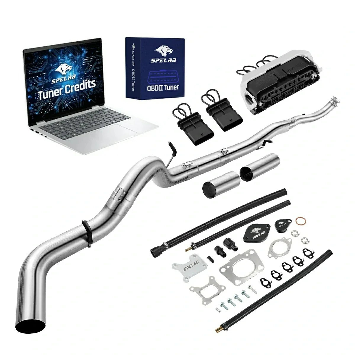 2017-2025 Chevy GMC 2500HD 3500HD 6.6L Duramax L5P delete kit with five-inch DPF delete pipe, stepped bends and two spool couplers, a gray open-frame harness bypass connector, two looped sensor plugs, EGR block-off hardware, braided lines and OBDII tuner