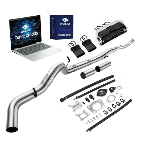2017-2025 Chevy GMC 2500HD 3500HD 6.6L Duramax L5P delete kit with five-inch DPF delete pipe, stepped bends and two spool couplers, a gray open-frame harness bypass connector, two looped sensor plugs, EGR block-off hardware, braided lines and OBDII tuner