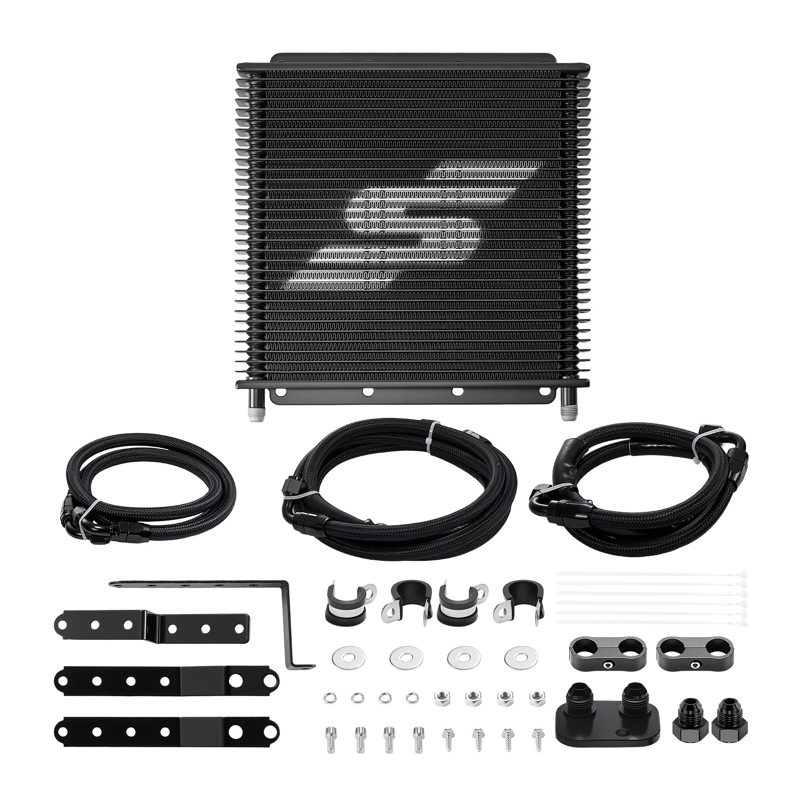 SPELAB stacked plate transmission cooler kit for 2011-2016 Ford 6.7L Powerstroke, with the black cooler, braided AN hoses, brackets, fittings and hardware