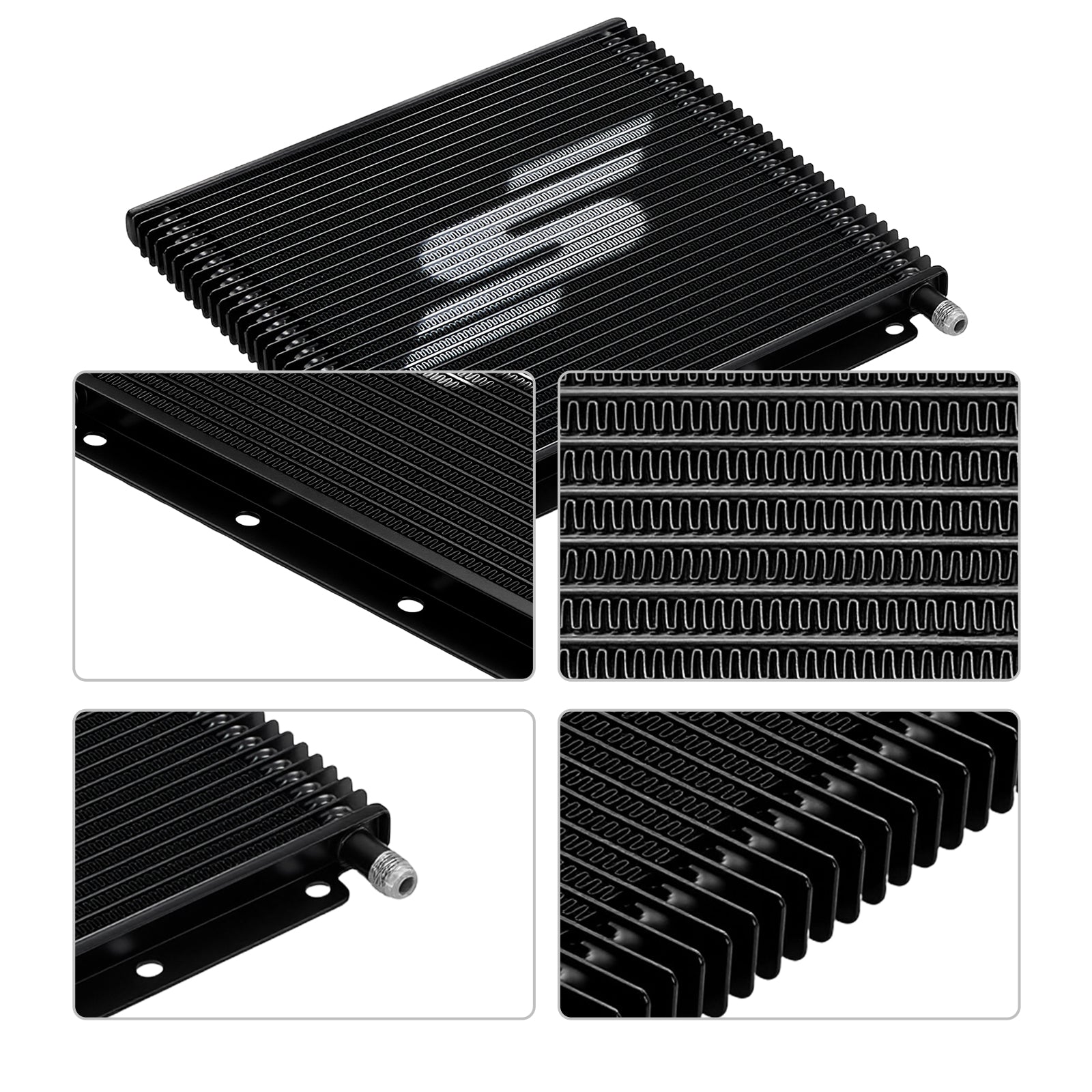 Multiple angle detail views of the black SPELAB stacked plate transmission cooler for a 2011-2016 Ford 6.7L Powerstroke, showing fins, ports and mounting tabs