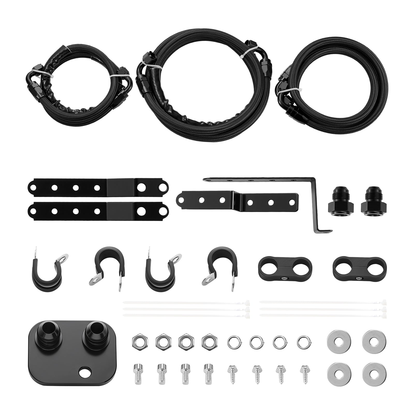 Installation hardware for a Ford 6.7L Powerstroke stacked plate cooler kit, including braided AN hoses, brackets, adapter block, fittings, clamps and fasteners
