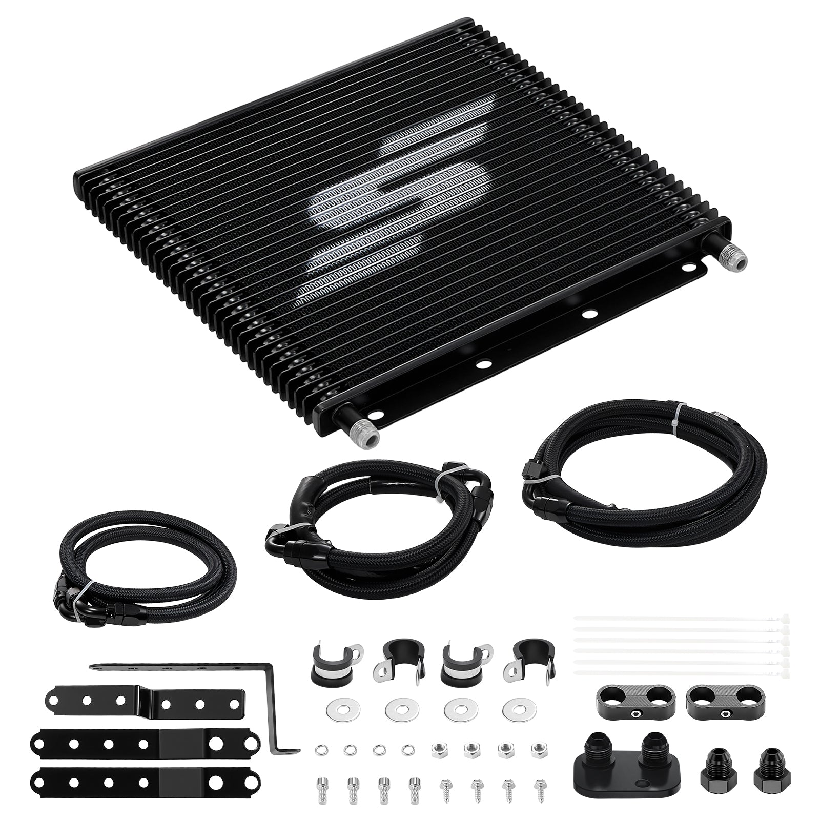 Angled view of a black stacked plate transmission cooler for a Ford 6.7L Powerstroke, shown with braided AN hoses, brackets and mounting hardware