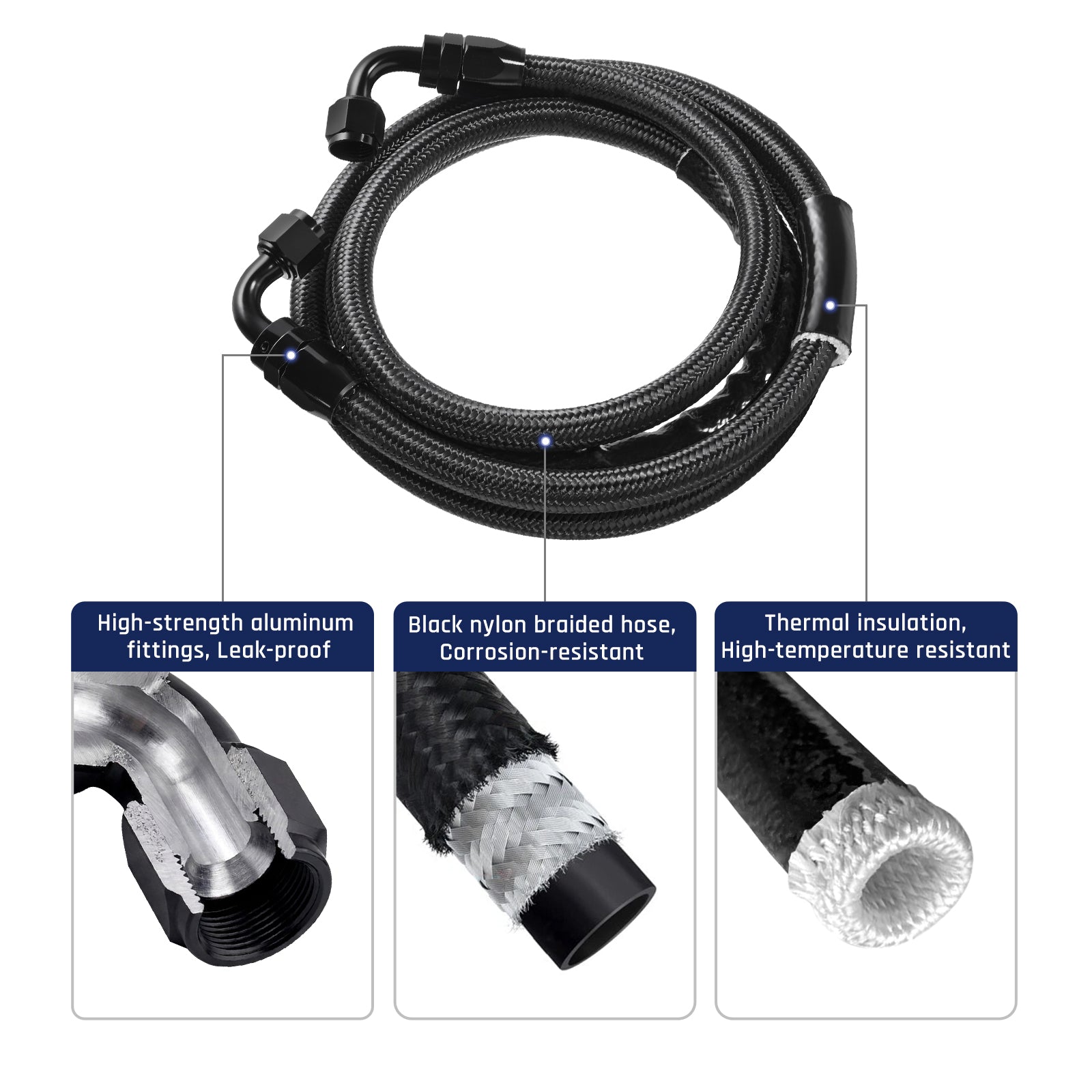 Black nylon braided AN transmission cooler hose for a 2011-2016 Ford 6.7L Powerstroke, with leak-proof aluminum fittings and high-temperature insulation
