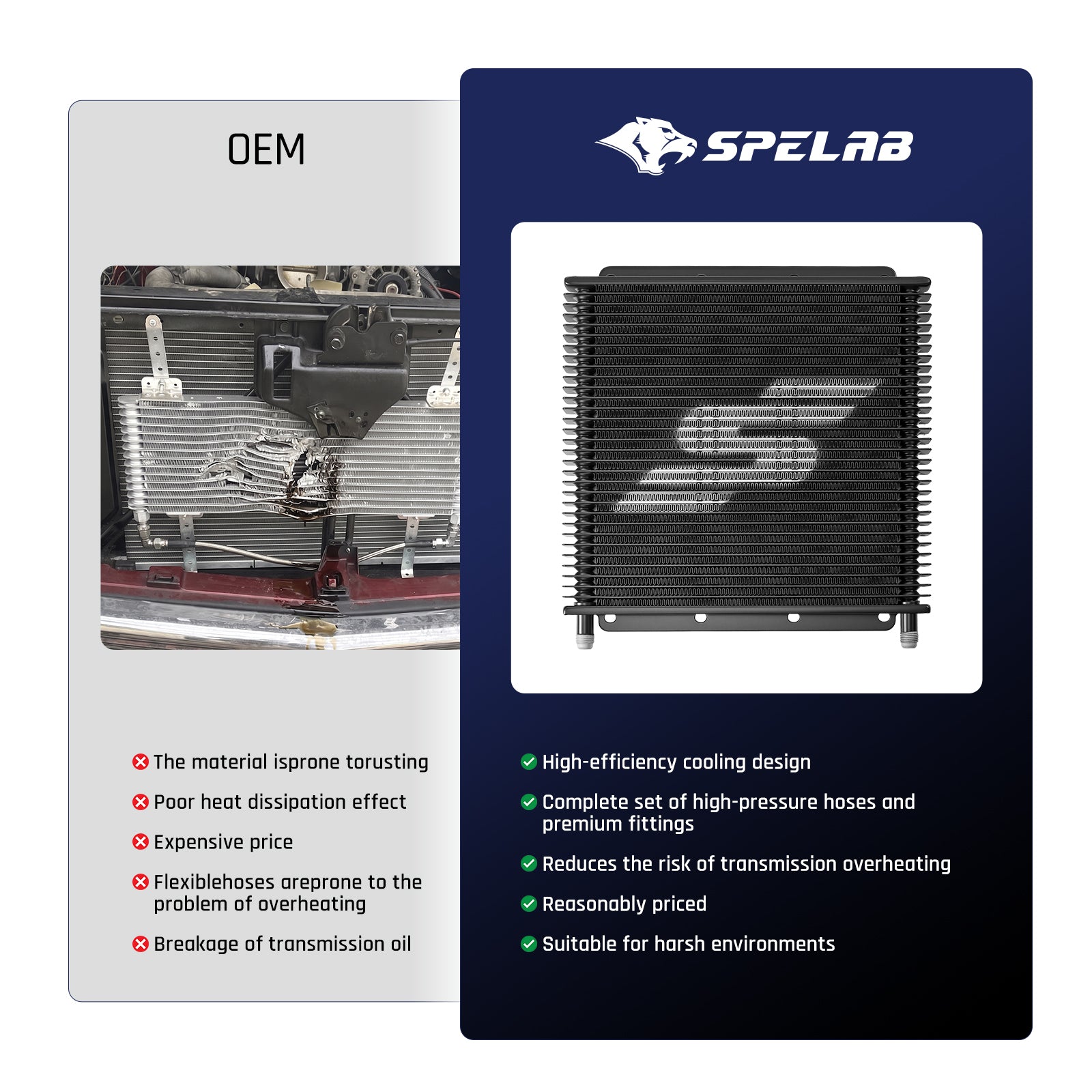 Side-by-side of a damaged OEM transmission cooler and a SPELAB stacked plate cooler for a 2011-2016 Ford 6.7L Powerstroke, comparing cooling and durability