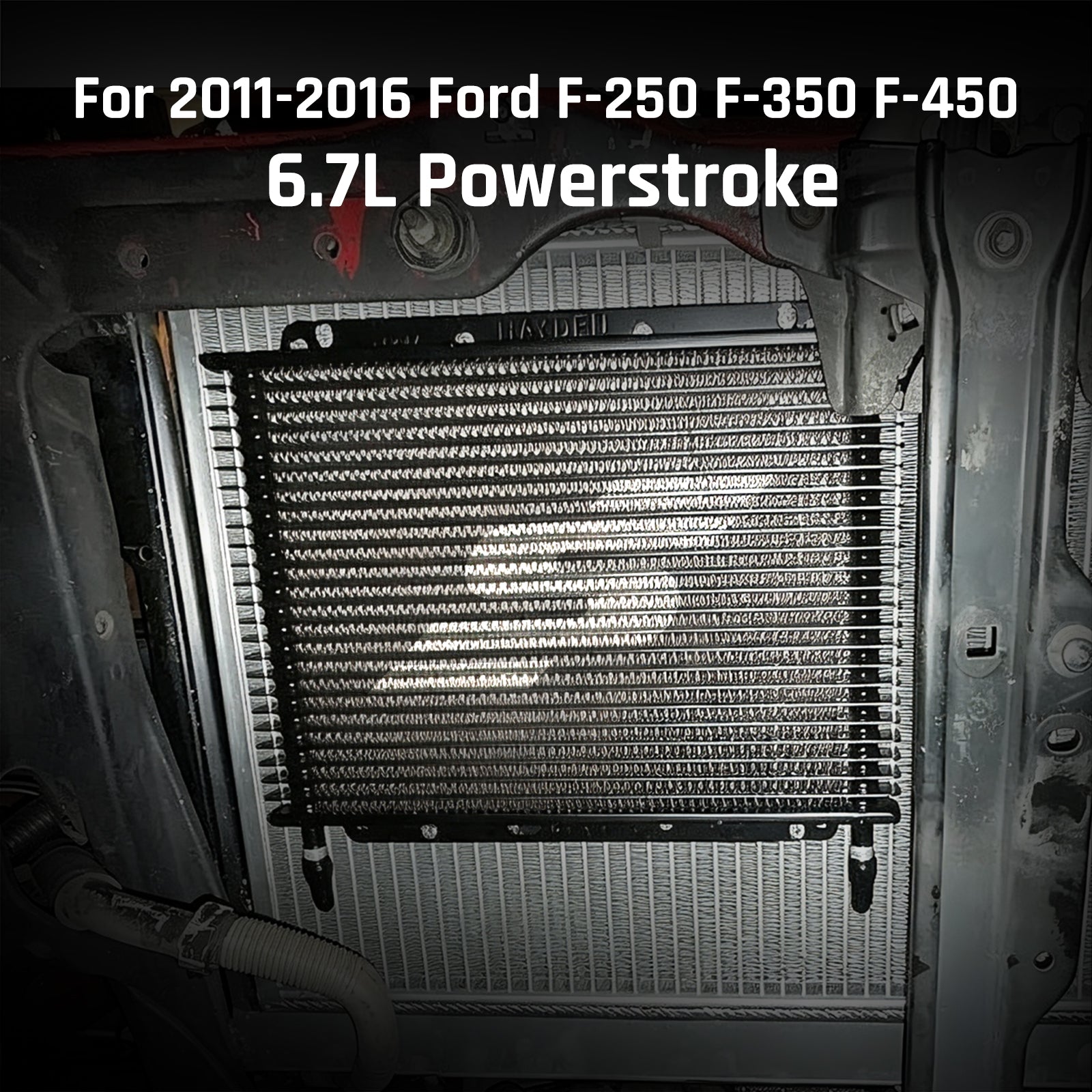 SPELAB stacked plate transmission cooler installed in front of the condenser on a 2011-2016 Ford F-250 F-350 F-450 6.7L Powerstroke
