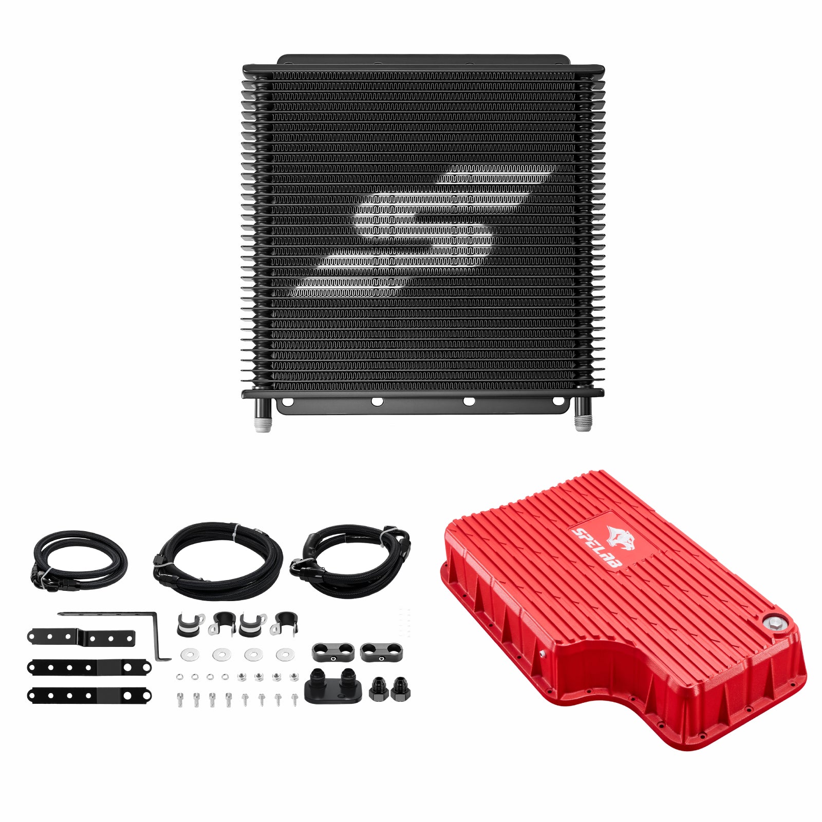 SPELAB transmission cooling kit for 2011-2016 Ford 6.7L Powerstroke, combining a black stacked plate cooler with a red finned transmission pan, hoses and hardware