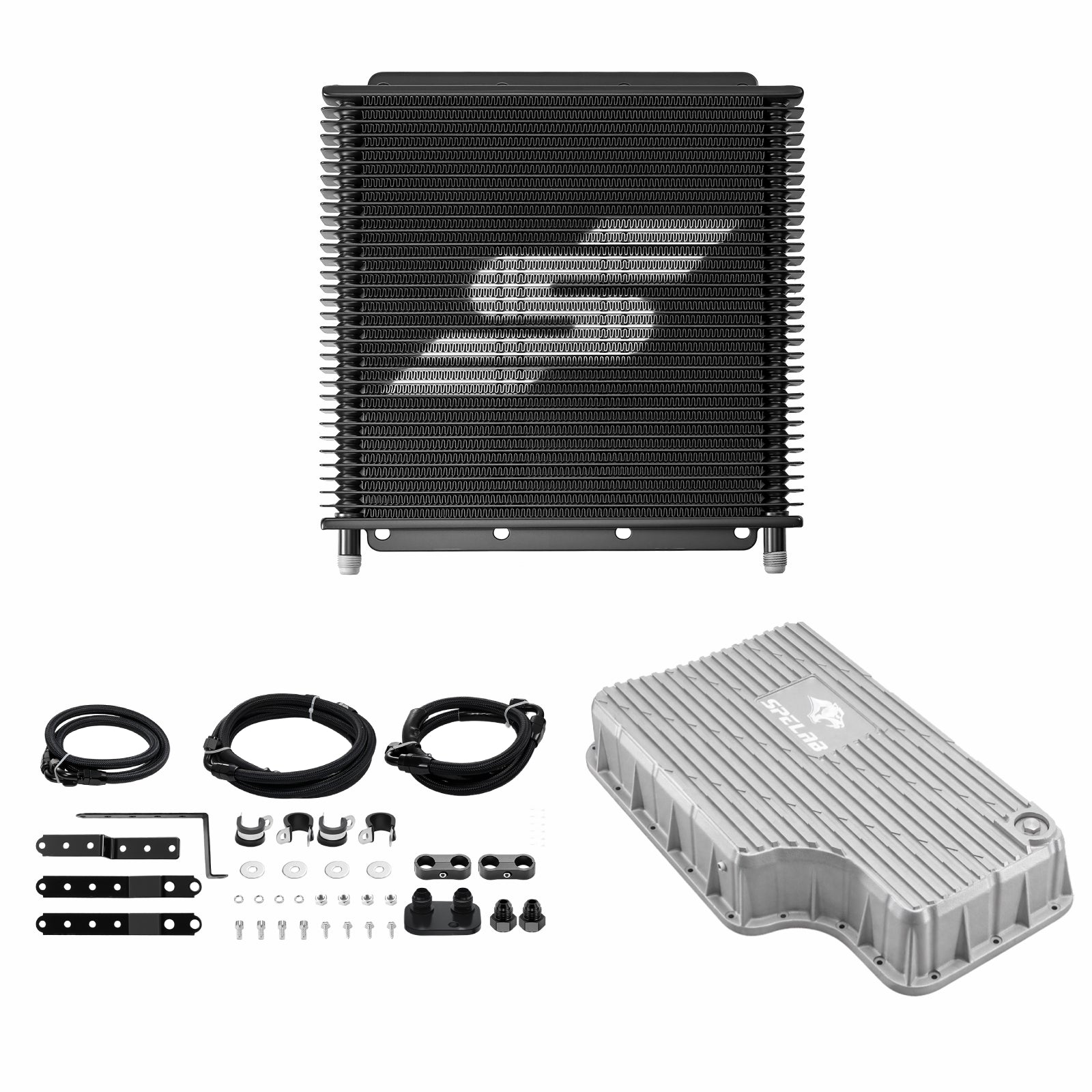 SPELAB transmission cooler and pan set for a 2011-2016 Ford 6.7L Powerstroke, with a black stacked plate cooler, silver deep pan and braided AN lines