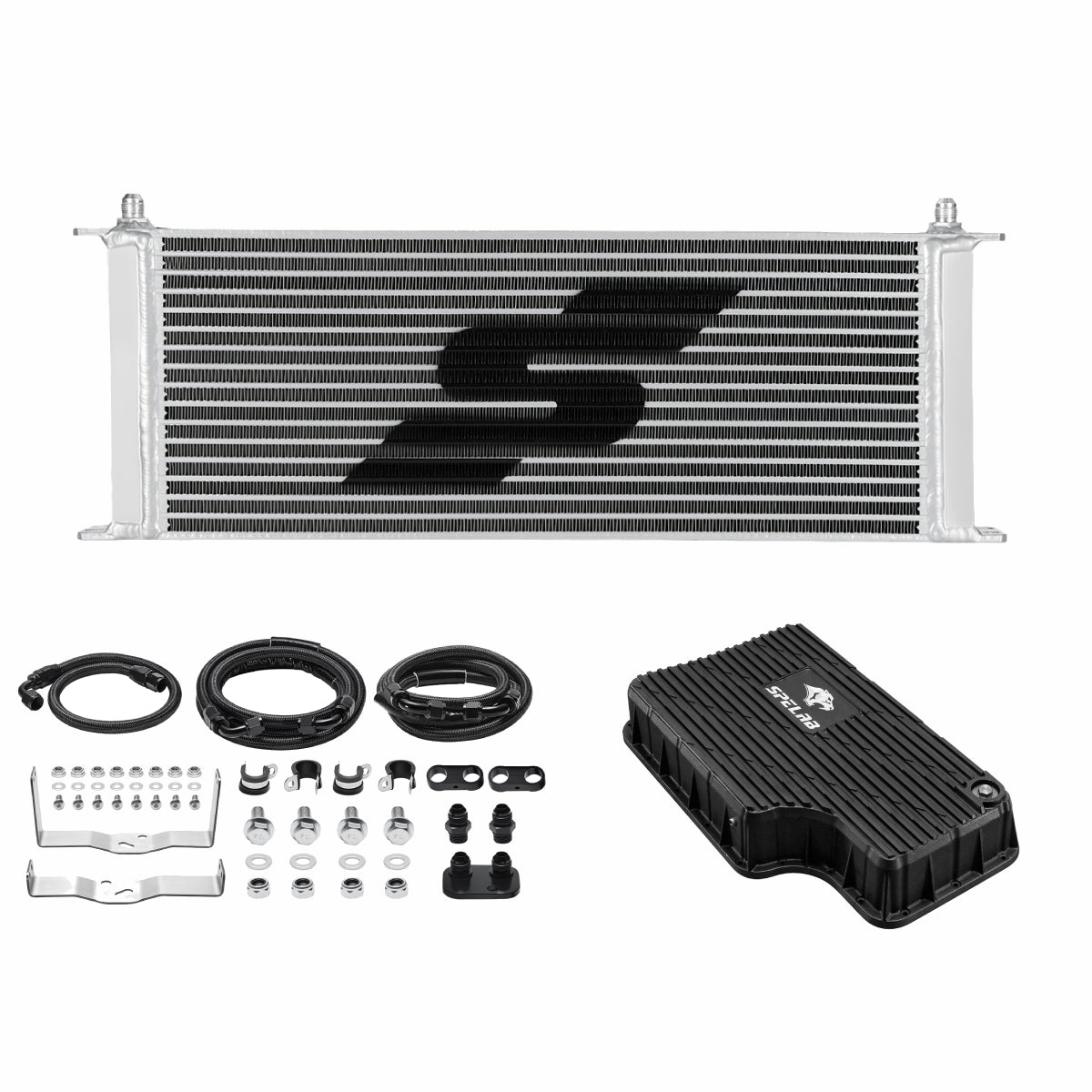 SPELAB transmission cooler and pan kit for a 2011-2016 Ford 6.7L Powerstroke, pairing a silver bar and plate cooler with a black deep transmission pan, hoses and hardware