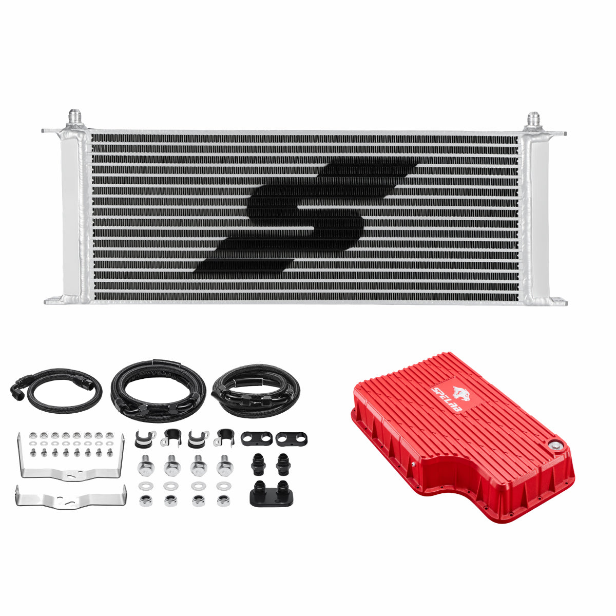 SPELAB transmission cooling upgrade kit pairing a silver bar and plate cooler with a red deep transmission pan for a 2011-2016 Ford 6.7L Powerstroke