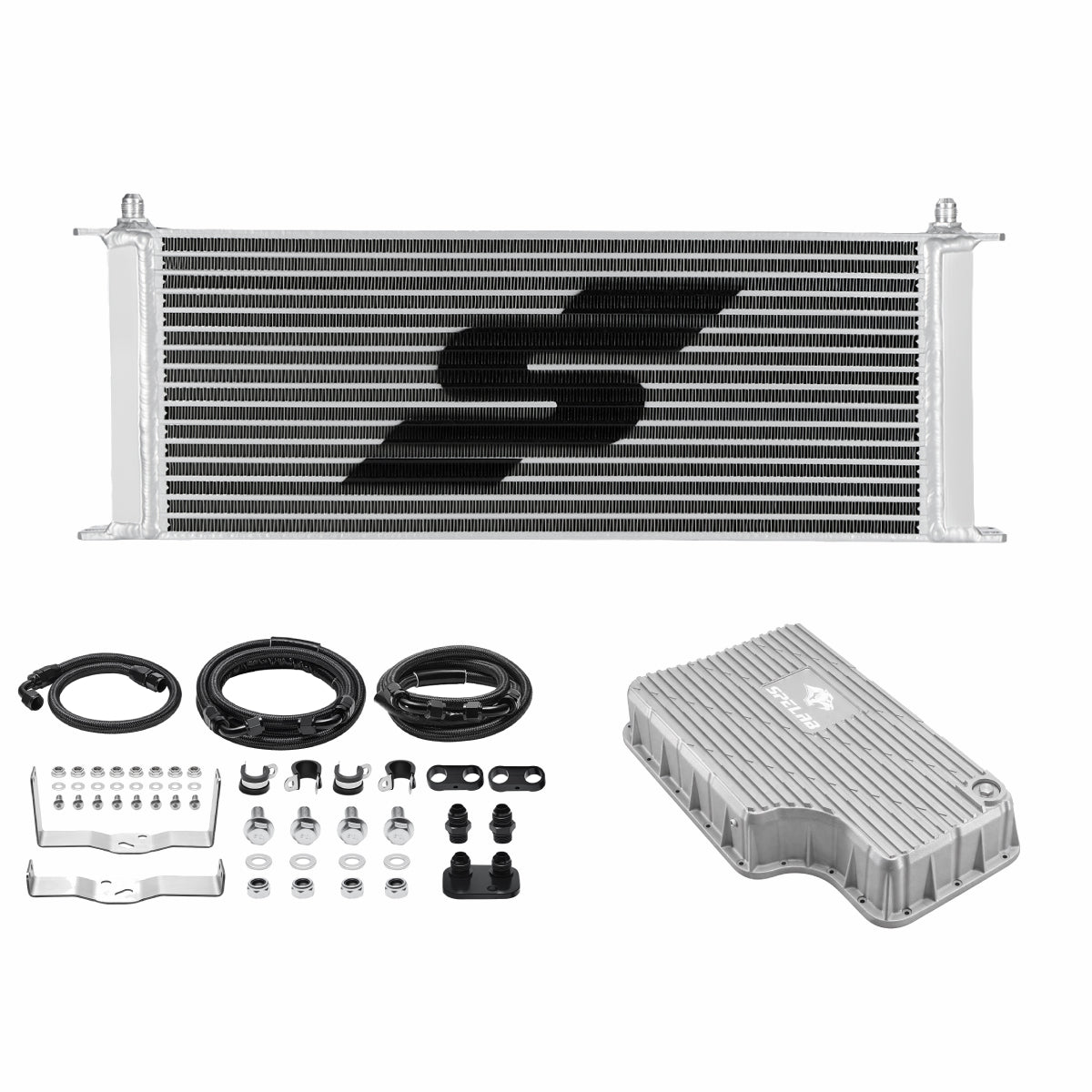 SPELAB transmission cooler and pan kit with a silver bar and plate cooler and matching silver deep pan for a 2011-2016 Ford 6.7L Powerstroke