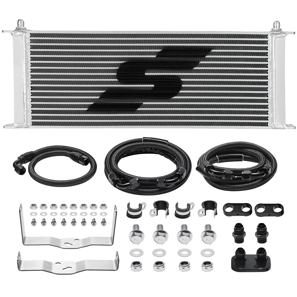 SPELAB Transmission Cooler Kit for 2011-2016 Ford 6.7L Powerstroke, including cooler, hoses, and hardware.