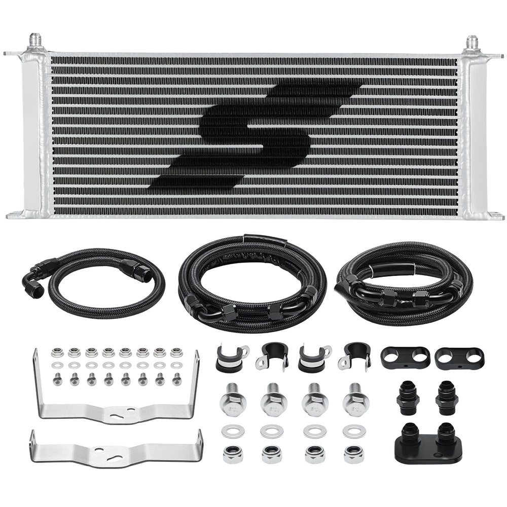 SPELAB Transmission Cooler Kit for 2011-2016 Ford 6.7L Powerstroke, including cooler, hoses, and hardware.