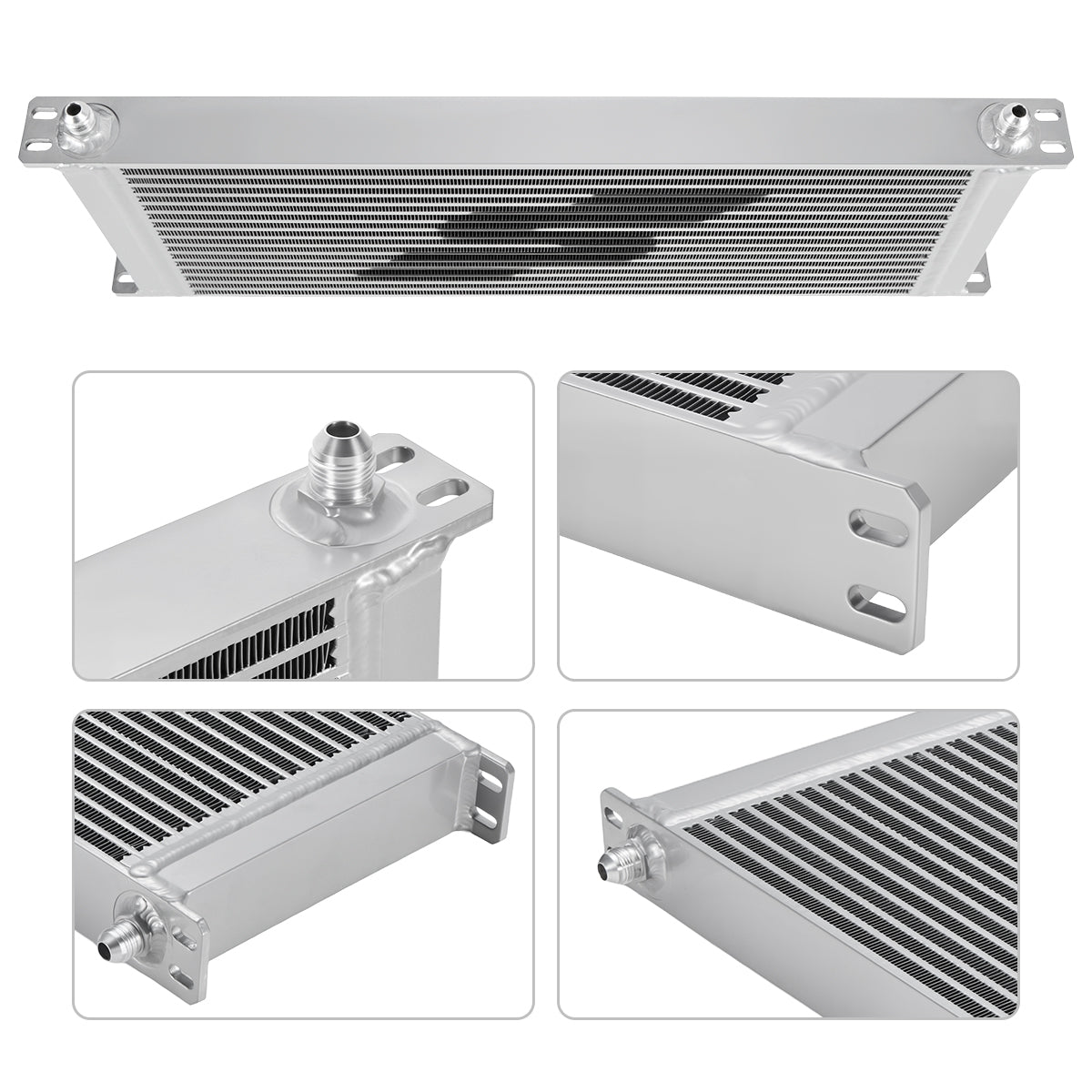 Multi-angle views of a silver aluminum transmission oil cooler, showcasing its connectors, mounting brackets, and core structure.