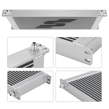 Multi-angle views of a silver aluminum transmission oil cooler, showcasing its connectors, mounting brackets, and core structure.