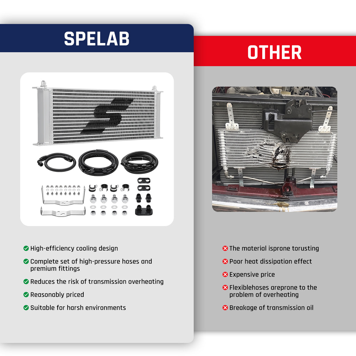 Comparison of SPELAB Transmission Cooler Kit vs. competitor, showing superior quality and components.