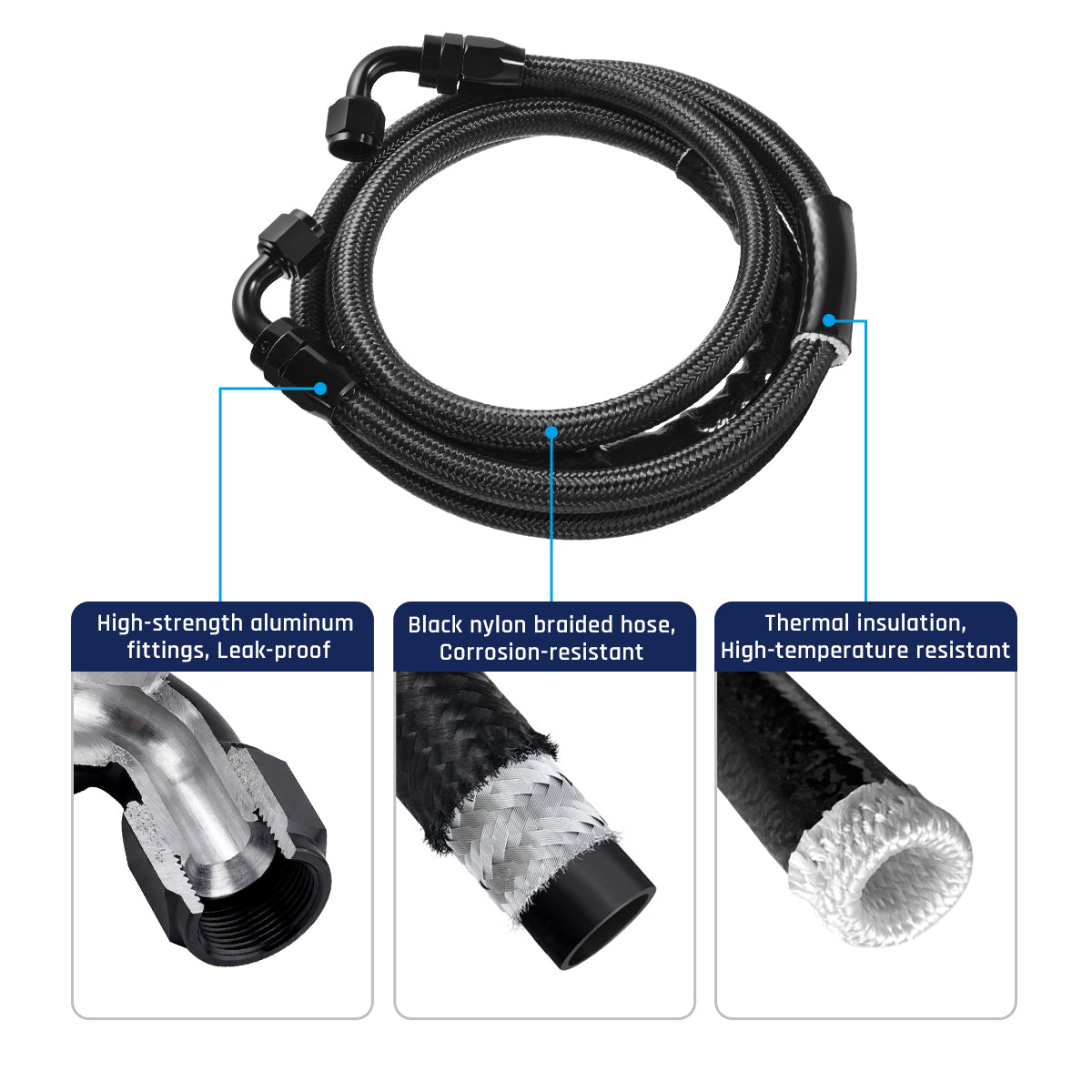 Coiled transmission cooler hose kit with aluminum fittings, nylon braiding, and thermal insulation features.