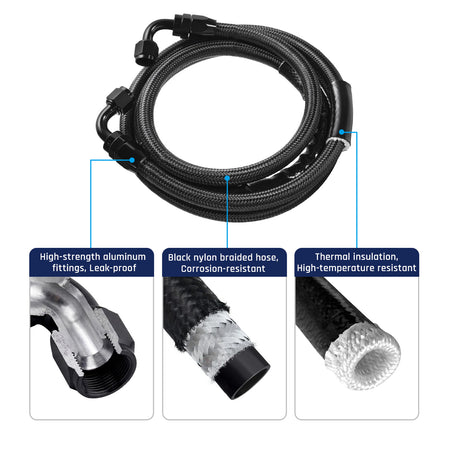 Coiled transmission cooler hose kit with aluminum fittings, nylon braiding, and thermal insulation features.