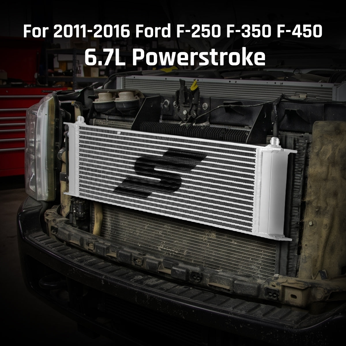 Installed SPELAB transmission cooler on a Ford 6.7L Powerstroke, showcasing efficient cooling and secure mounting.
