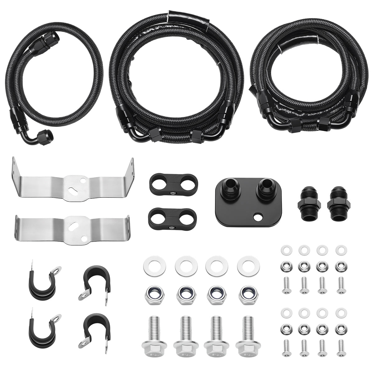Complete transmission cooler installation kit with braided hoses, mounting brackets, adapters, and hardware.