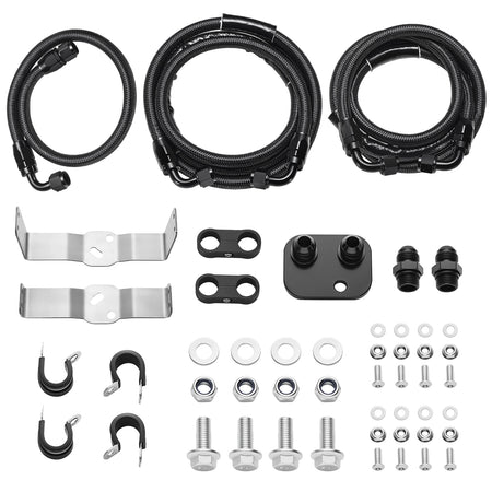 Complete transmission cooler installation kit with braided hoses, mounting brackets, adapters, and hardware.