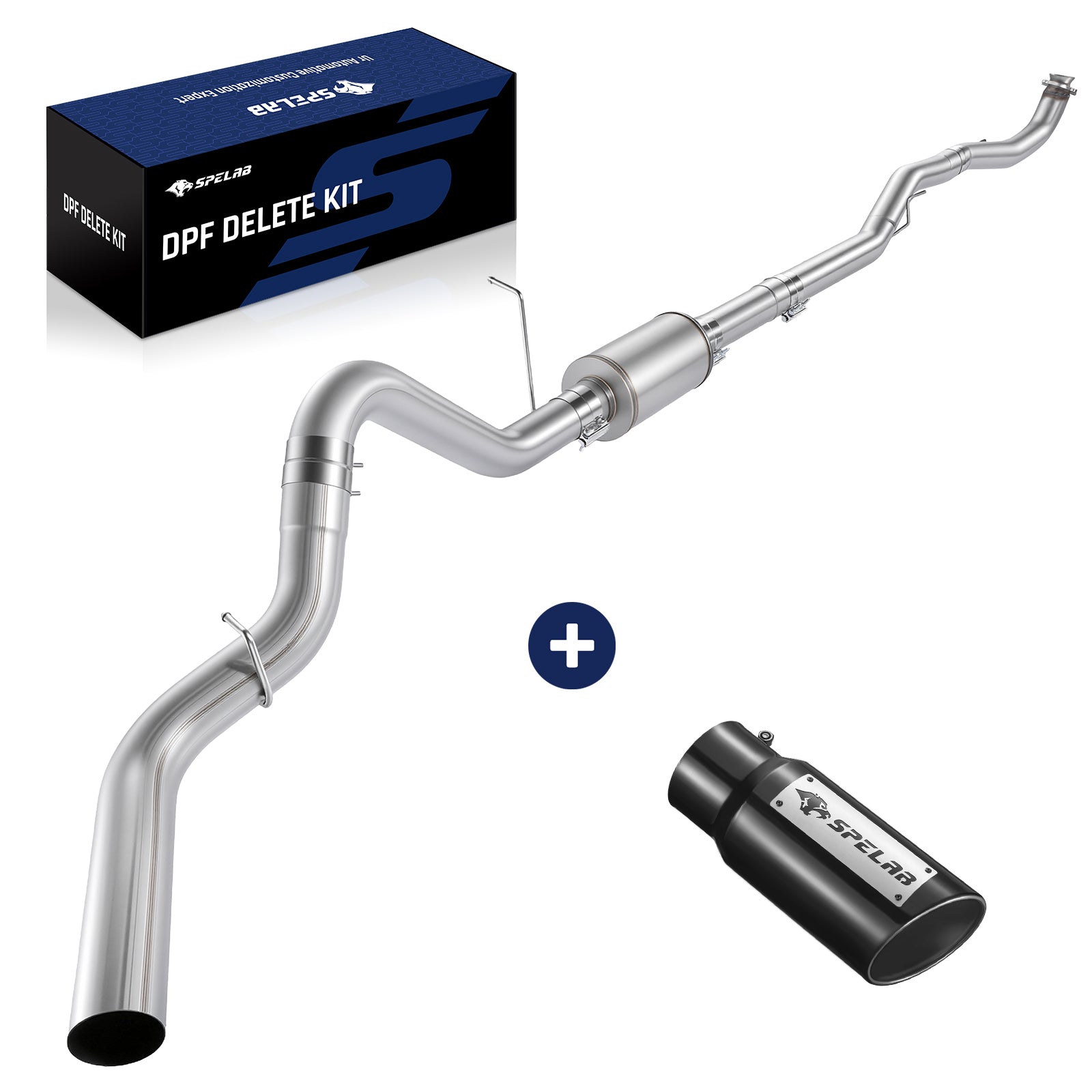 Stainless downpipe-back exhaust with a cylindrical inline muffler for 2017-2025 L5P 6.6L Duramax, wire hanger loops on the over-axle bend, a black SPELAB exhaust tip, and a blue SPELAB DPF delete kit box.