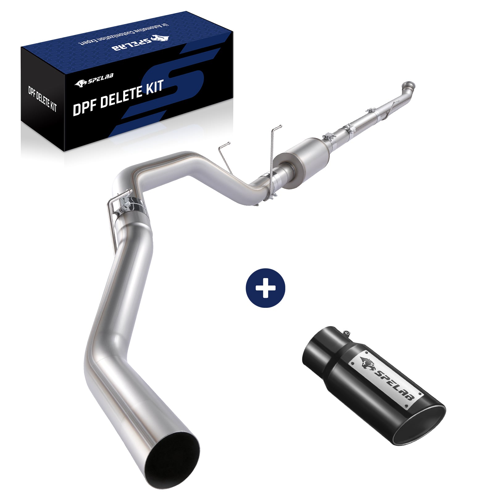 Polished stainless-steel DPF delete exhaust with an inline muffler, over-axle tailpipe, and wire hangers, bundled with a black SPELAB exhaust tip and a DPF delete kit box for the 2019-2025 Dodge Ram 6.7L diesel.