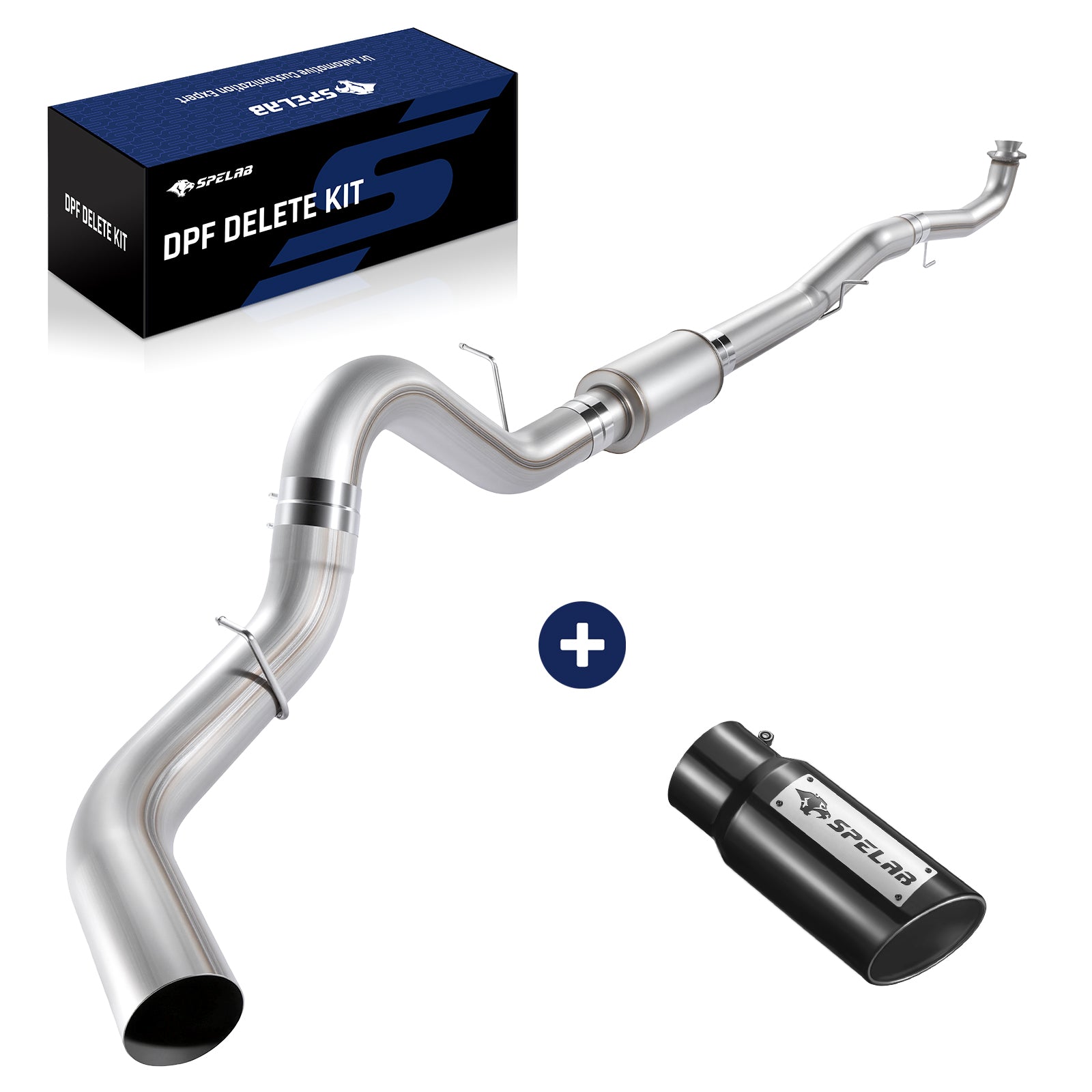 Stainless downpipe-back exhaust with a heat-tinted over-axle bend and an inline muffler for 2017-2025 L5P 6.6L Duramax, band clamps at the joints, a black SPELAB tip, and a blue SPELAB DPF delete kit box.