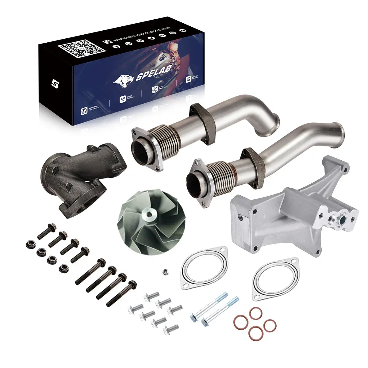 Bellowed up-pipe kit with ductile iron Y-adapter, billet compressor wheel, turbo pedestal, gaskets and hardware for 1999.5-2003 Ford 7.3L Powerstroke