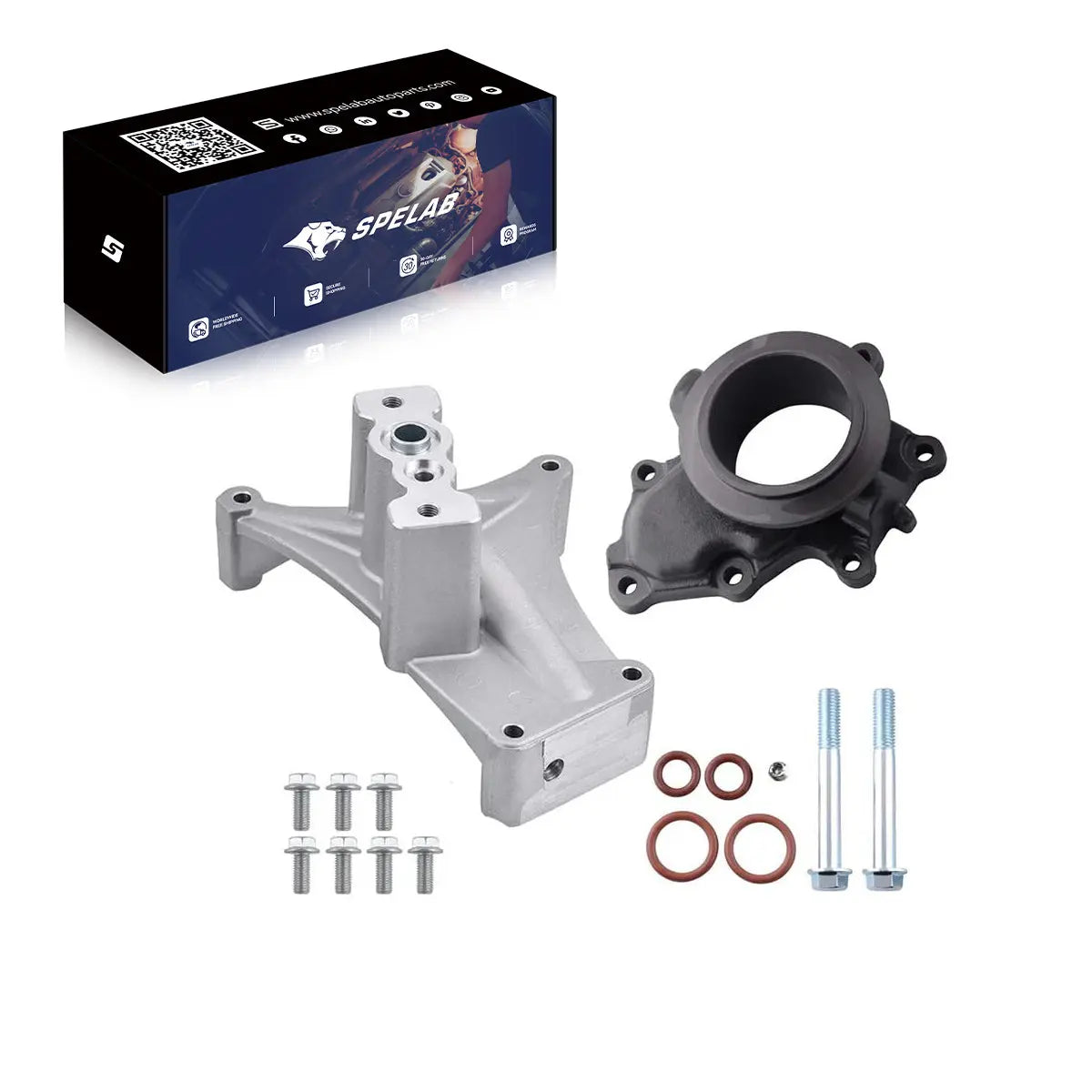 Aluminum turbo pedestal and black cast turbine inlet housing with studs, bolts and copper washers for the 7.3L Powerstroke